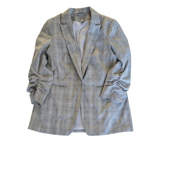 H&M Jackets & Blazers - H&M Plaid Blazer Ruched Sleeve Open Front Women Size 6 Gray White